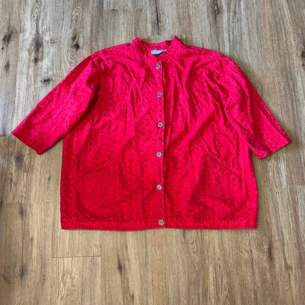 Vintage 90s jacquard baggy button up shirt in red- size 3X womens